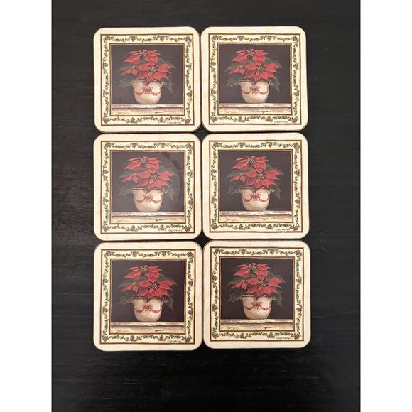 Pimpernel Christmas Pointsetta Holiday Cork-Backed Coasters 4" square Set of 6 - Picture 1 of 3